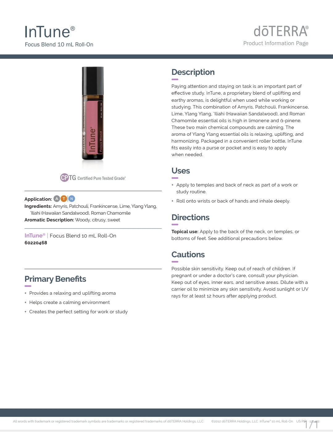 dōTERRA InTune Roll on 10 ml X2